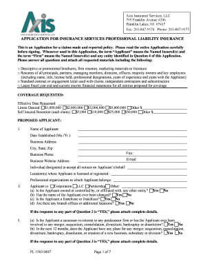 Application for Insurance Services Professional Liability Insurance