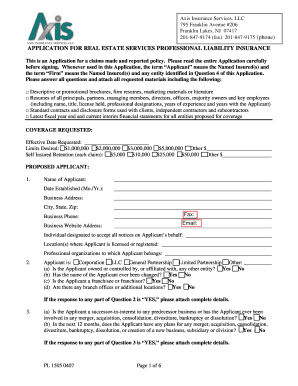 Application for Real Estate Services Professional Liability Insurance