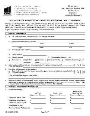 Application for Architects and Engineers Professional Liability Insurance