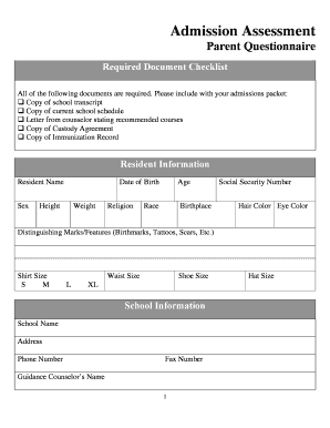 Admission Assessment Parent Questionnaire