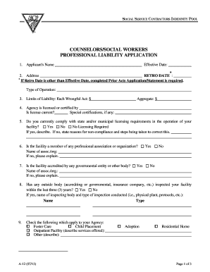 Counselors Social Workers Professional Liability Application