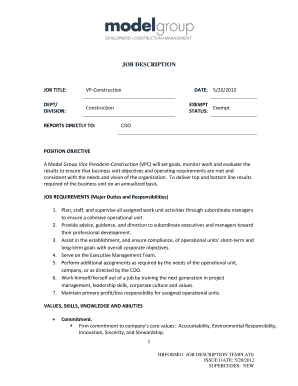 Job Description Template for VP-Construction
