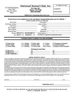 National Kennel Club Conformation Show Entry Form