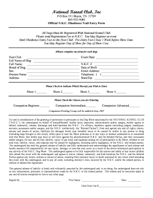 National Kennel Club Obedience Trail Entry Form