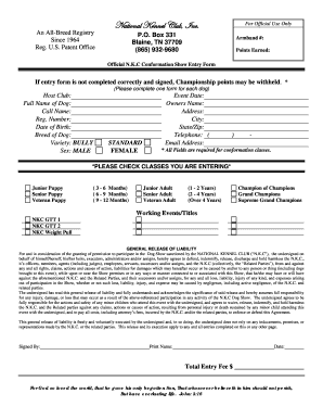 N.K.C Conformation Show Entry Form