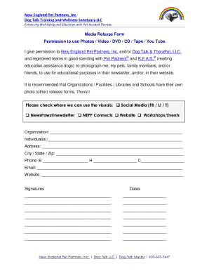 Media Release Form for Pet Assisted Therapy