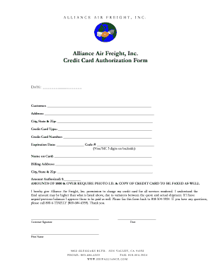 Alliance Air Freight Credit Card Authorization Form