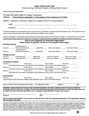 Asset Verification Form for Housing Assistance
