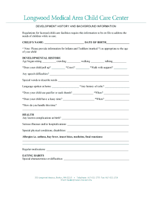 Child Care Development History Form