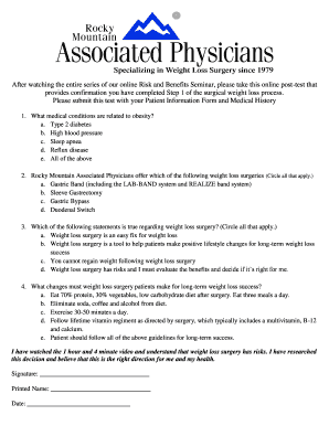 Weight Loss Surgery Post-Test and Patient Information Form