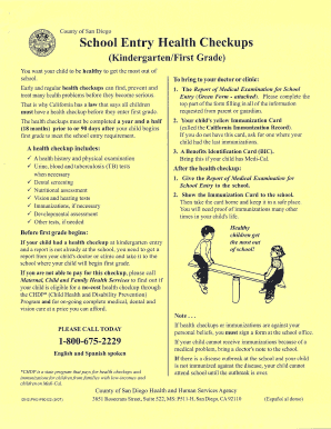 California School Entry Health Checkup Form