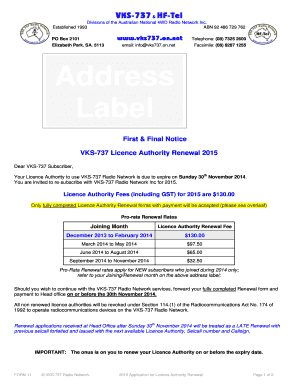 VKS-737 Licence Authority Renewal 2015
