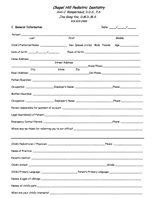 Pediatric Dental Patient Information Form