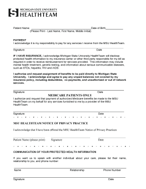 MSU HealthTeam Patient Payment and Authorization Form