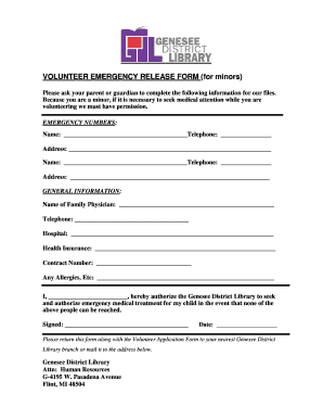 Volunteer Emergency Release Form for Minors