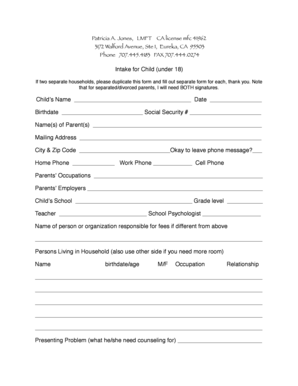 Child Intake Form for Therapy