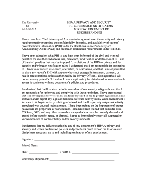 University HIPAA Privacy and Security Acknowledgment
