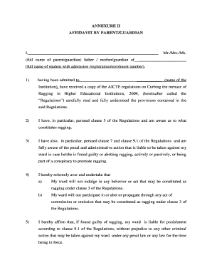 Affidavit by Parent Guardian Against Ragging