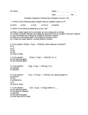 AP Chemistry Oxidation Reduction Practice Quiz