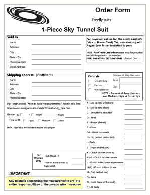 Freefly Suit Order Form