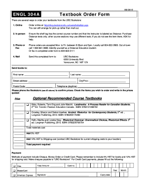 UBC Textbook Order Form