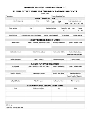 Client Intake Form for Children & Older Students