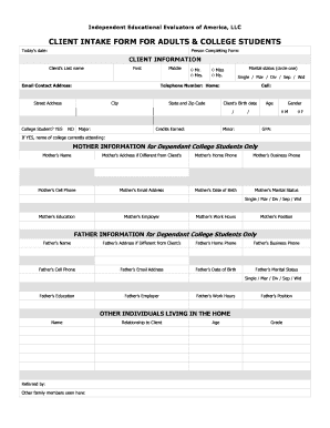 CLIENT INTAKE FORM FOR ADULTS amp COLLEGE STUDENTS