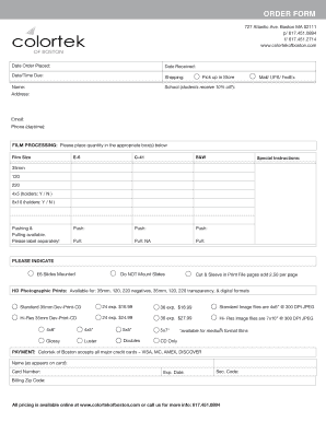 Colortek of Boston Film Processing Order Form