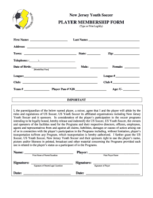 New Jersey Youth Soccer Player Membership Form