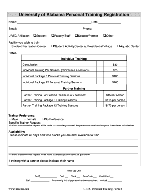 University of Alabama Personal Training Registration