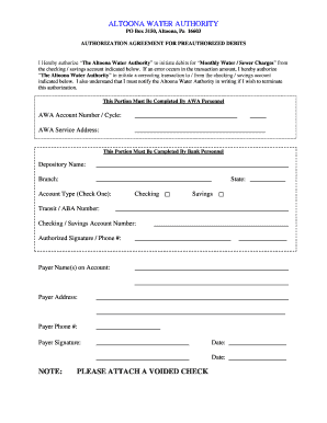 Altoona Water Authority Preauthorized Debit Agreement