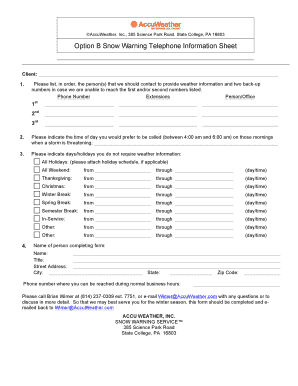Snow Warning Service Telephone Information Sheet