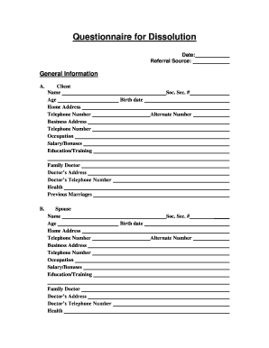 Questionnaire for Dissolution