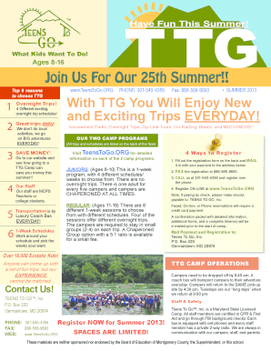 Teens To Go Summer Camp Registration Form