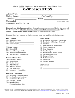 Alaska Public Employees Association/AFT Legal Trust Fund CASE DESCRIPTION Attorney/Firm Mailing Address City/State/Zip Telephone Email On behalf of (APEA/AFT Members Name) Attorney(s) handling the case Please circle one of the legal matters