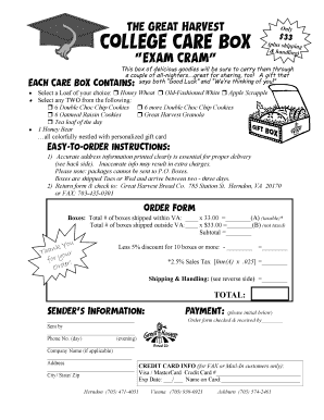 Great Harvest College Care Box Order Form