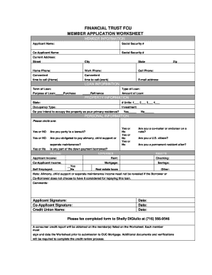 Financial Trust FCU Member Application Worksheet
