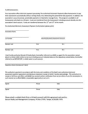 Pre-Authorized Electronic Assessment Payment Authorization