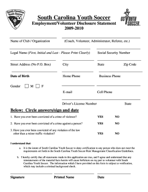 South Carolina Youth Soccer Volunteer Disclosure Statement