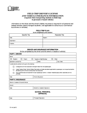 Field Trip Driver License and Insurance Form