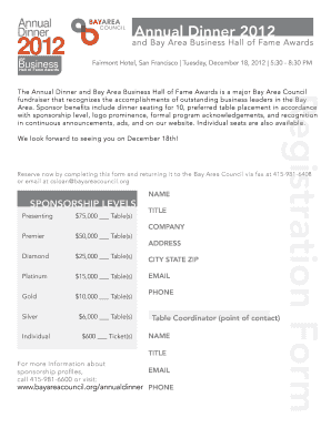 Thank you note to sponsors - Annual Dinner Annual Dinner 2012 2012 and Business and Bay Area Business Hall of Fame Awards Fairmont Hotel, San Francisco Tuesday, December 18, 2012 5:30 8:30 PM Hall of Fame Awards We look forward to seeing you on December 18th - - - - -