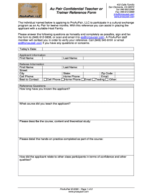 Au Pair Teacher or Trainer Reference Form