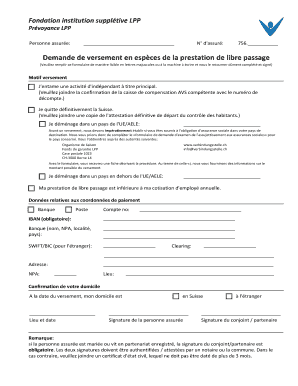 Demande de versement en espèces de la prestation de libre passage
