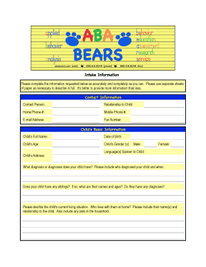 ABA BEARS Child Intake Form