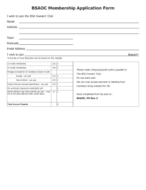 BSA Owners' Club Membership Application Form