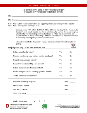 Ohio 4-H Club Secretary's Book Entry and Score Sheet