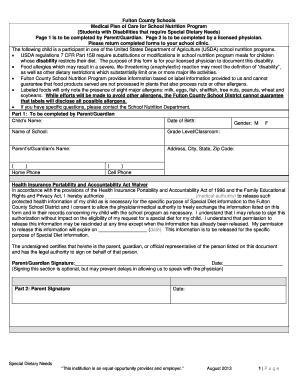 Fulton County Schools Medical Plan of Care for Special Dietary Needs