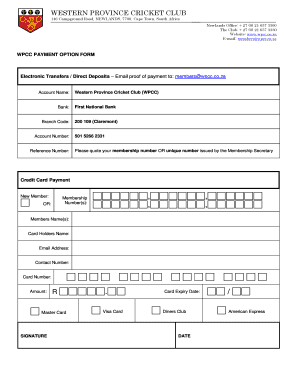 Western Province Cricket Club Payment Form