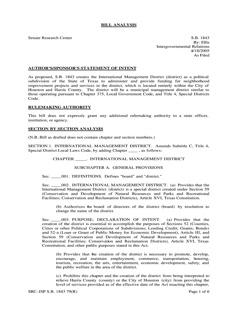 Fillable Online legis state tx SRCJSP SB 1843 79R Texas Legislature Online legis state tx
