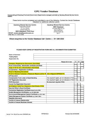 Gauteng Provincial Government Vendor Database Registration Form